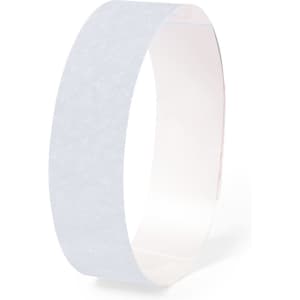 A white event wristband with a smooth texture, featuring a simple design and an unspecified logo.