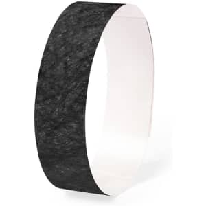 A black event wristband with a smooth finish, featuring a simple design and a logo.