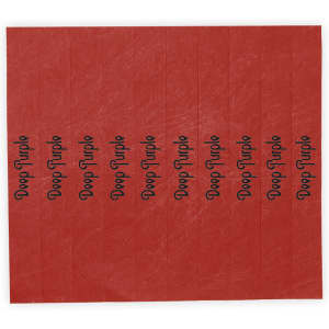 A set of red event wristbands with black printed text. The wristbands are neatly arranged in a grid pattern.