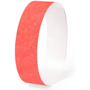A red events bracelet made of paper material, featuring a logo. Suitable for exhibitions and events.