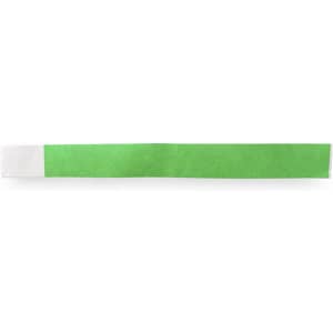 A green event wristband with a white section at one end and a branding logo.