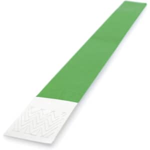 A green event wristband with a white section featuring a logo or branding at one end.