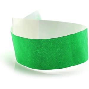 A green event wristband with a smooth texture, featuring a white inner surface and a branding logo.