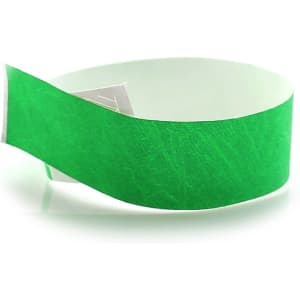 A green event wristband made of durable material, featuring a simple design with a logo.