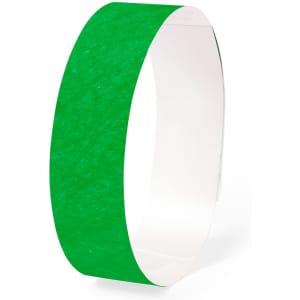 A green event wristband with a smooth texture, featuring a logo. Ideal for exhibitions and events.