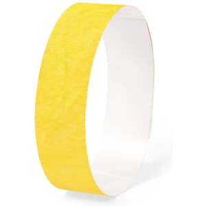 A yellow event wristband with a smooth texture and a slim band design. It features a logo.