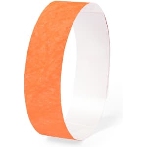 An orange wristband with a smooth texture and a semi-transparent finish, featuring a logo.