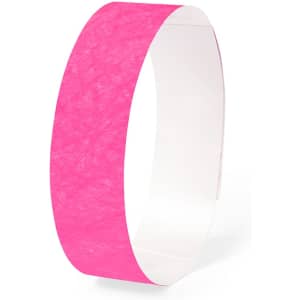 A pink event wristband made from a paper-like material, featuring a simple design and a glossy finish.