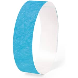 A light blue event wristband made from durable material, featuring a simple design and an attached logo.
