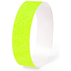A bright green events wristband with a textured design and a smooth inner surface. It features a logo.