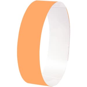 An orange wristband featuring a smooth surface, suitable for events, with a simple design and a logo.