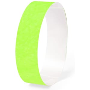 A bright green wristband with a smooth finish. It has a simple design and includes a logo.
