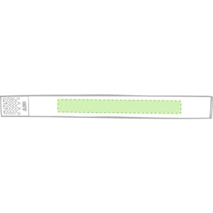 A green event wristband with a textured design and a blank section for customisation. It includes a branding logo.