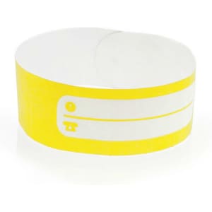 A yellow event wristband with a white section for writing. It features a simple design and has a logo.
