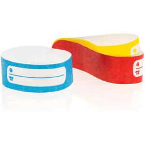 A set of colourful event wristbands in blue, red, yellow, and white, featuring blank spaces for writing.