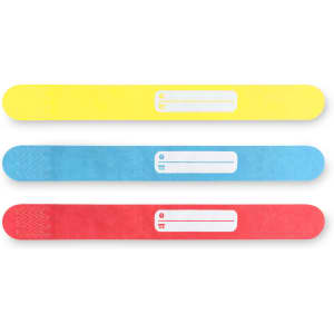 Three event wristbands in yellow, blue, and red with a branding logo and spaces for personalisation.