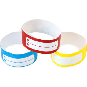 Three event wristbands in blue, red, and yellow, each featuring a blank label area for customisation.