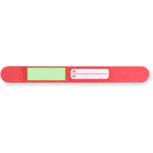A red wristband with a smooth surface and a green label area for writing. It features a textured end and branding.
