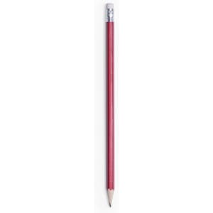 A grey-lead pencil with a red body and a silver ferrule, topped with a white eraser.