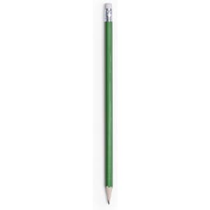 A green grey-lead pencil with a silver ferrule and eraser at the top.