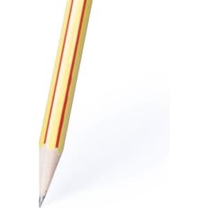 A grey-lead pencil with a yellow body and red stripes, featuring a sharpened tip.