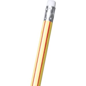 A yellow and red striped pencil with a silver ferrule and white eraser on top. It has a logo featured on the ferrule.