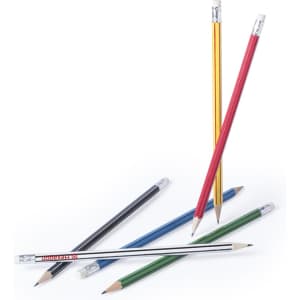 A collection of grey-lead pencils in various colours including red, yellow, green, blue, and black, with erasers.