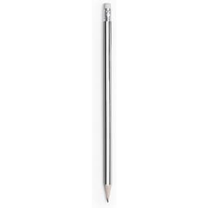 A grey lead pencil with a silver ferrule and eraser at the top. It features a smooth, polished finish.