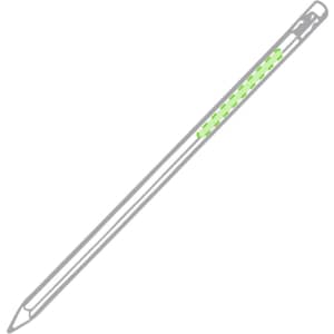 A grey pencil with a green accent, featuring a simple design and a branding logo.
