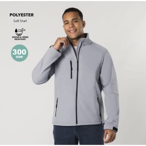 A grey soft shell jacket featuring a zip-up front, side pockets, and a logo on the chest. It is water and wind resistant.