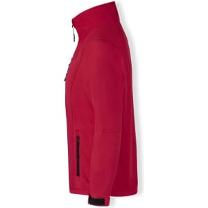 A red soft shell jacket with a zippered front and black accents, featuring pockets and a stand-up collar.