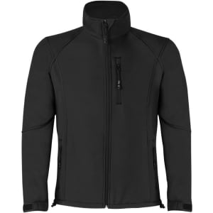 A black soft shell jacket featuring a front zip, zippered pockets, and a collar, with a logo on it.