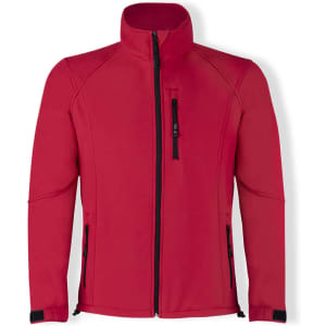 A red soft shell jacket with a zipped front, featuring two side pockets and a chest pocket, has a logo.