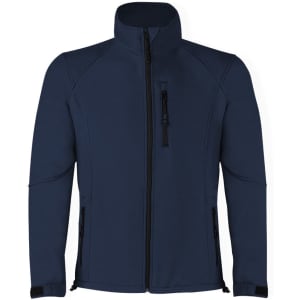 A navy soft shell jacket with a full zip, two side pockets, and a small chest pocket. It features a logo.