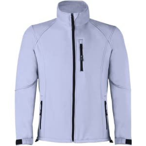 A soft shell jacket in light grey with a zip front, zippered pockets, and a stand-up collar. Features branding.