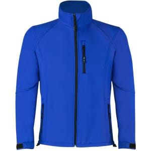 A blue soft shell jacket with a high collar, zippered pockets, and a branded logo.