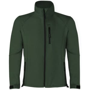 A green soft shell jacket featuring a zippered front, zippered pockets, and a stand-up collar.