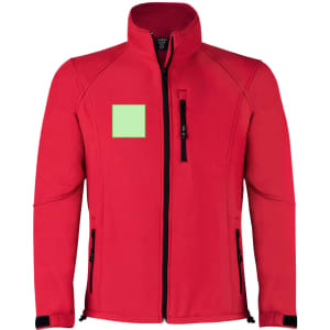 A red soft shell jacket with a zip front, two side pockets, and a logo on the chest.