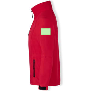 A red soft shell jacket with a high collar and a green patch on the sleeve. Features two zippered side pockets.