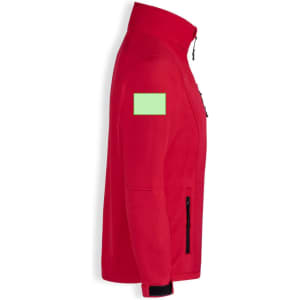 A red soft shell jacket featuring a zippered front and a patch area on the sleeve.