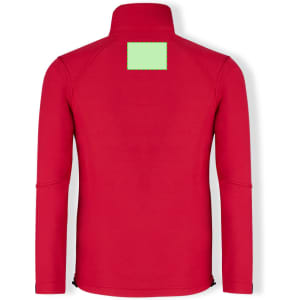 A red soft shell jacket featuring long sleeves and a small area for branding on the back.