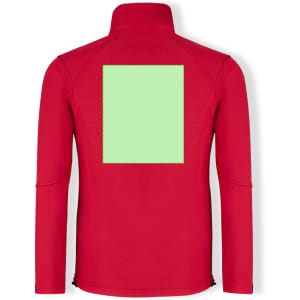 A red soft shell jacket featuring a blank square area on the back and a high collar.