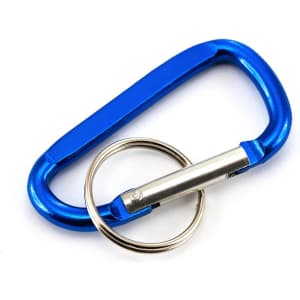 A blue carabiner with a silver keyring attached, designed for keyrings and tools.