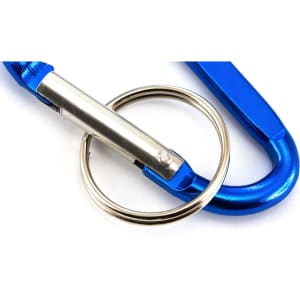 A blue metal carabiner featuring a silver keyring attachment and a logo.