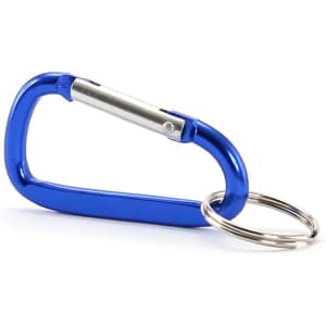 A blue carabiner keyring with a silver locking mechanism and a metal keyring attachment.