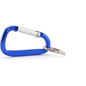 A blue carabiner with a silver clip and a keyring attached. It has a sleek, rounded design and a shiny finish.