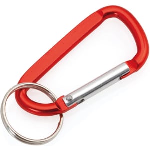 A red carabiner keyring featuring a silver attachment point. The design is sleek and lightweight.