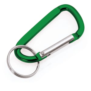A green carabiner keyring with a silver attachment ring, featuring a logo on the side.