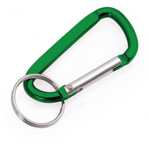 A green carabiner keyring with a silver attachment ring. It features a simple design and lightweight construction.