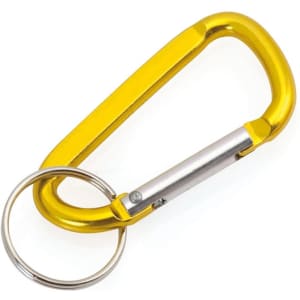A yellow carabiner with a silver keyring attachment, featuring a simple design and a branding logo.